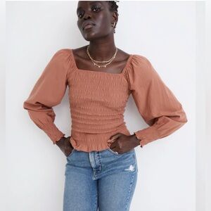 Madewell Lucie Bubble-Sleeve Smocked Top in Warm Umber